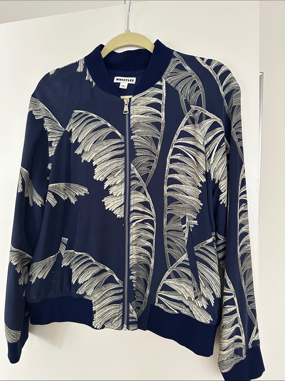 Whistles Silk Navy Bomber Jacket with Green Leaf Pattern